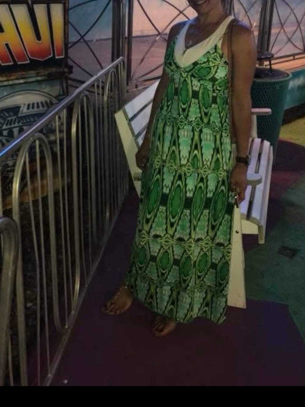 Green Printed V-Neck Maxi Dress with Layered Look